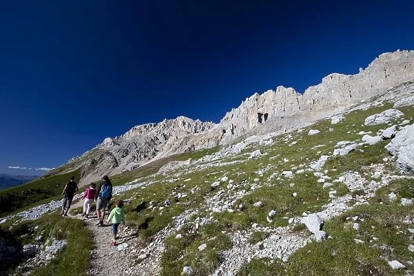 Hiking in the Latemar mountain range, Dolomites, eastern Alps, South Tyrol