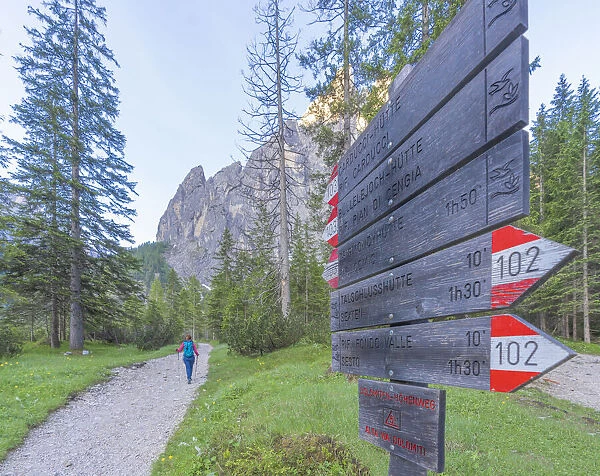 Hiking signage along footpath to Rifugio Zsigmondy Comici hut, Val Fiscalina