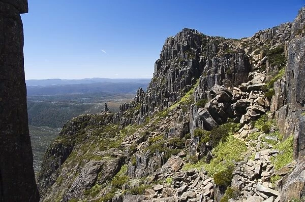 Hiking trail and rocky peaks on Cradle Mountain on the Overland Track, Cradle Mountain Lake St