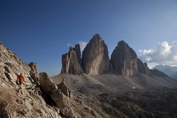 Hiking in front of Tre Cime di Lavaredo, Dolomites, eastern Alps, South Tyrol