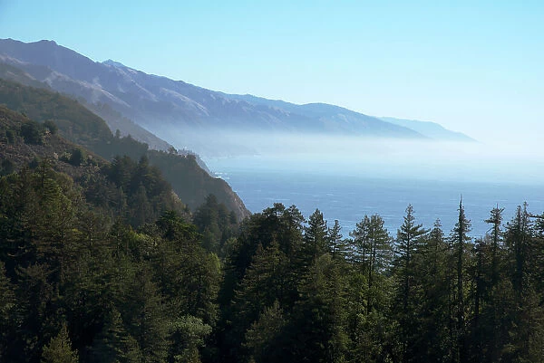 Hills and forest with misty coastline beyond, Big Sur, California, United States of America, North America