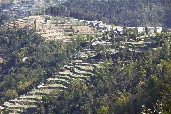 Hillside village and terraced fields, Dhulikhel, Kathmandu Valley, Nepal, Asia