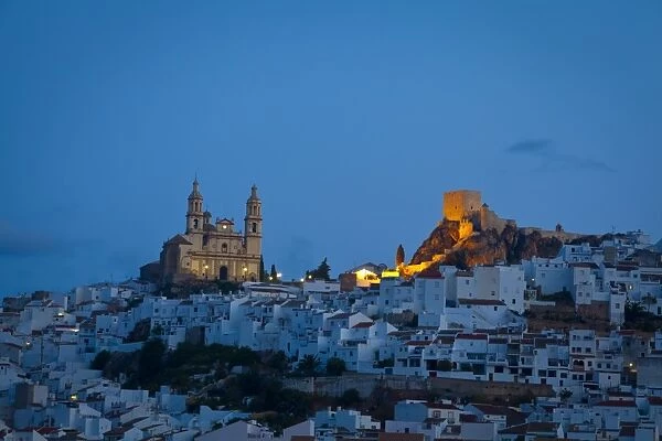 The hilltop village of Olvera illuminated at dawn, Olvera, Cadiz Province, Andalusia, Spain, Europe