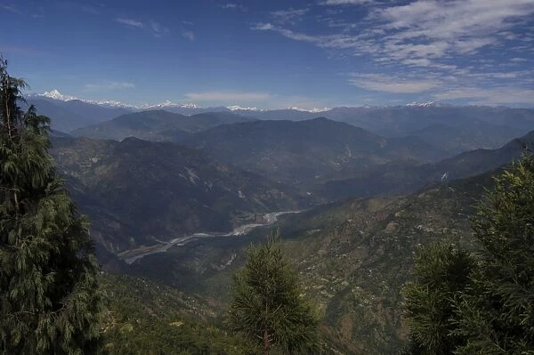 The Himalayan range and the River Tista seen from the Darjeeling to Gangtok road