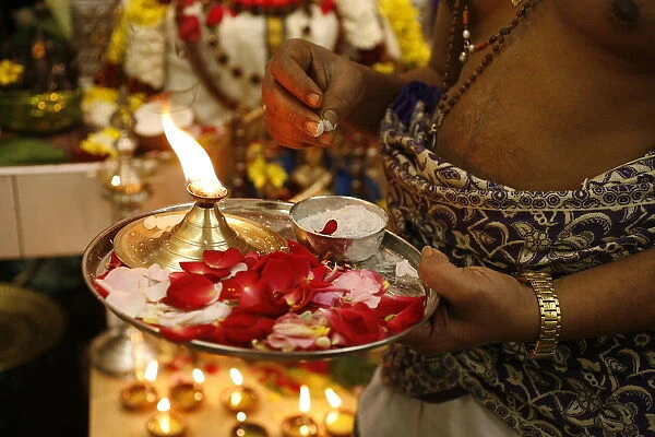 Hindu puja (celebration) in a Sri Lankan temple, Paris, France, Europe