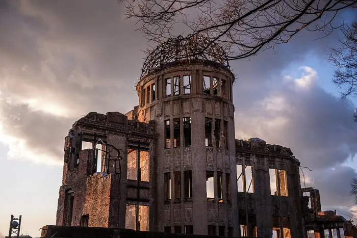 Framed Print : The Hiroshima Peace Memorial (Genbaku Dome). A-Dome with dramatic clouds and warm light. Hiroshima, Japan