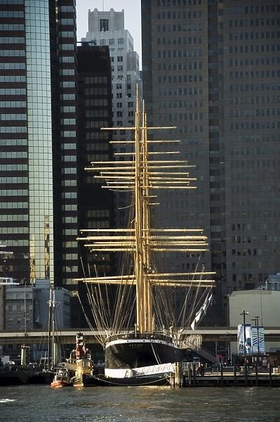 Historic boats moored at Pier 17 on the East River