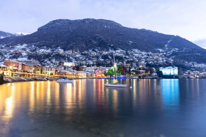 Framed Print : Historic buildings of Gravedona with Christmas Lights during a winter sunrise, Lake Como Framed Print : Historic buildings of Gravedona with Christmas Lights during a winter sunrise, Lake Como