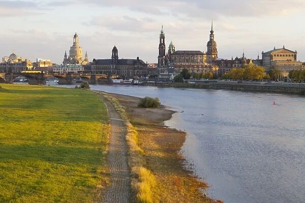 Historic Center of Dresden and the Elbe River at sunset, Saxony, Germany, Europe