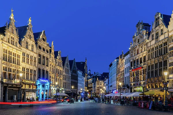The historic centre of Antwerp during the evening blue hour, Antwerp, Belgium, Europe