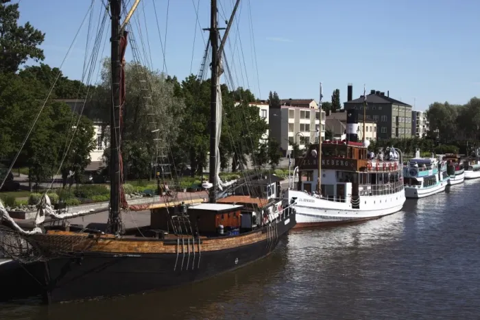 Framed Print : Historic ships moored on riverside, Porvoo, Porvoonjoki River, Uusimaa