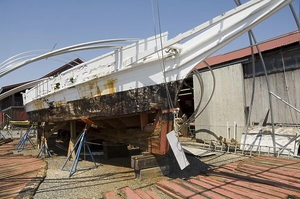 Historic Skipjack sailing boat under restoration