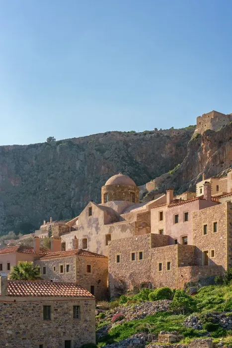 Framed Print : Historic stone houses in the mountain, Monemvasia, Laconia, Greece