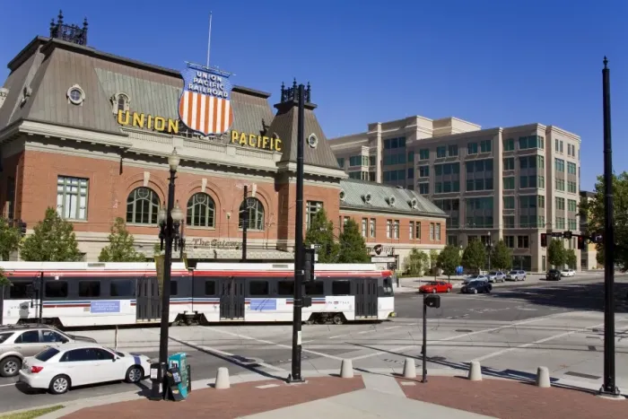 Framed Print : Historic Union Station and Light Rail Train, Salt Lake City, Utah, United States of America Framed Print : Historic Union Station and Light Rail Train, Salt Lake City, Utah, United States of America