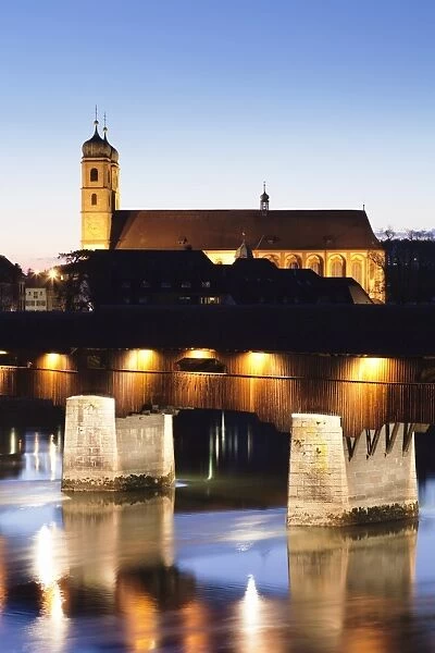 Historical wooden bridge and cathedral (Fridolinsmunster), Bad Sackingen, Black Forest, Baden Wurttemberg, Germany, Europe