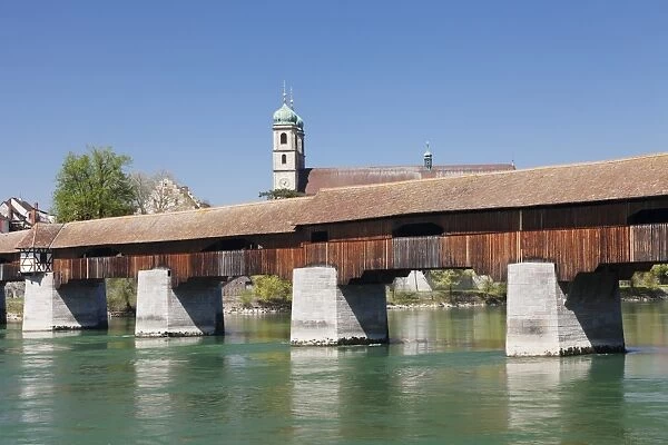 Historical wooden bridge and cathedral (Fridolinsmuenster), Bad Saeckingen, Rhine River