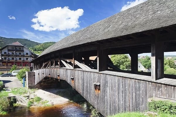 Historical wooden bridge, Forbach, Murgtal Valley, Black Forest, Baden Wurttemberg, Germany, Europe
