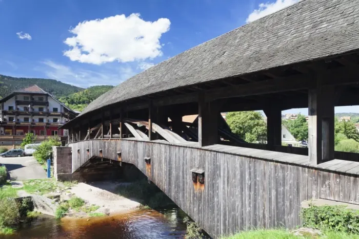 Framed Print : Historical wooden bridge, Forbach, Murgtal Valley, Black Forest, Baden Wurttemberg, Germany, Europe Framed Print : Historical wooden bridge, Forbach, Murgtal Valley, Black Forest, Baden Wurttemberg, Germany, Europe