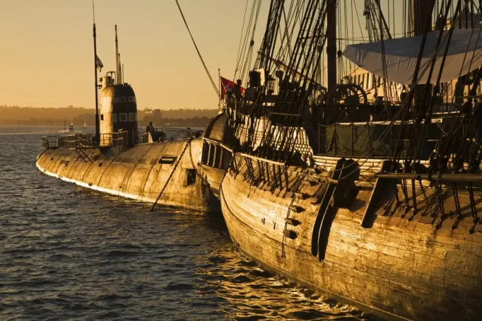 Framed Print : HMS Surprise and Submarine at the Maritime Museum, San Diego, California Framed Print : HMS Surprise and Submarine at the Maritime Museum, San Diego, California