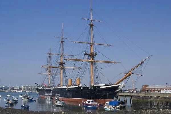 HMS Warrior, the first armour-plated, iron-hulled warship, built for the Royal Navy in 1860, Portsmouth Historic Docks, Portsmouth, Hampshire, England, United Kingdom, Europe