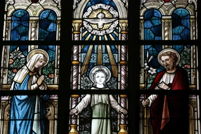 Framed Print : The Holy Family depicted in a stained glass window, Saint Salvators Cathedral, Bruges, West Flanders, Belgium, Europe Framed Print : The Holy Family depicted in a stained glass window, Saint Salvators Cathedral, Bruges, West Flanders, Belgium, Europe