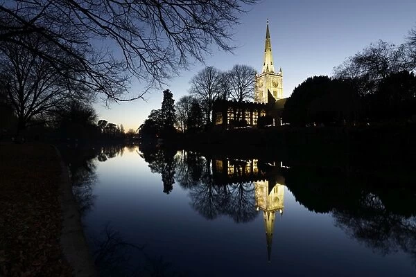 Holy Trinity Church on the River Avon at dusk, Stratford-upon-Avon, Warwickshire