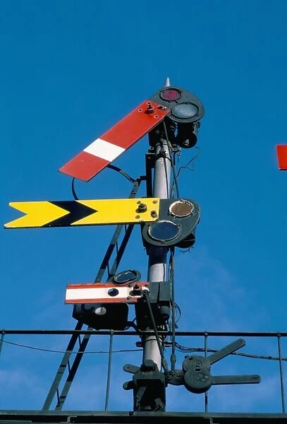Home and Distant signals (GWR) on gantry, Newton Abbot, Devon, England