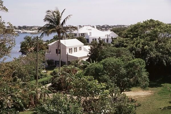Homes overlooking harbour channel, Hamilton, Bermuda, Central America