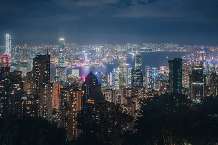 Framed Print : The Hong Kong Skyline from the Peak with the lights of Hong Kong, China Framed Print : The Hong Kong Skyline from the Peak with the lights of Hong Kong, China