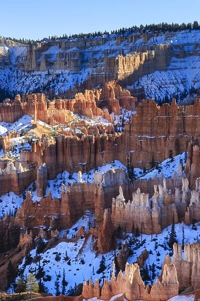 Hoodoos and snowy rim cliffs lit by late afternoon sun, winter, near Sunrise Point, Bryce Canyon National Park, Utah, United States of America, North America