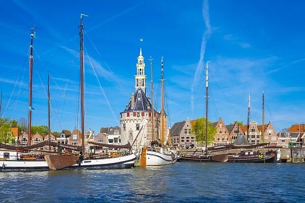The Hoofdtoren tower on the Binnenhaven harbor, built in 1532, Hoorn, North Holland