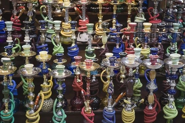 Hookah or hubble bubble pipes for sale in a souk, Dubai, United Arab Emirates