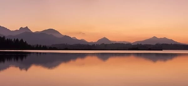 Hopfensee Lake at sunset, near Fussen, Allgau, Allgau Alps, Bavaria, Germany, Europe