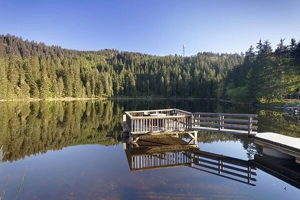 Hornisgrinde mountain reflecting in Lake Mummelsee, Black Forest, Baden Wurttemberg, Germany, Europe