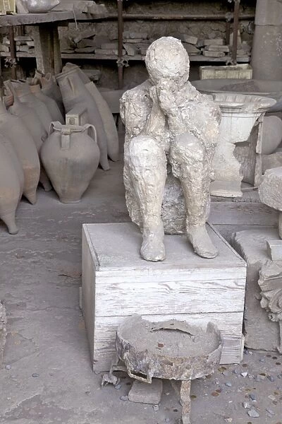 Horrea or Granai del Foro housing archaeological relics including plaster cast of victim of Vesuvius eruption, Pompeii, Campania
