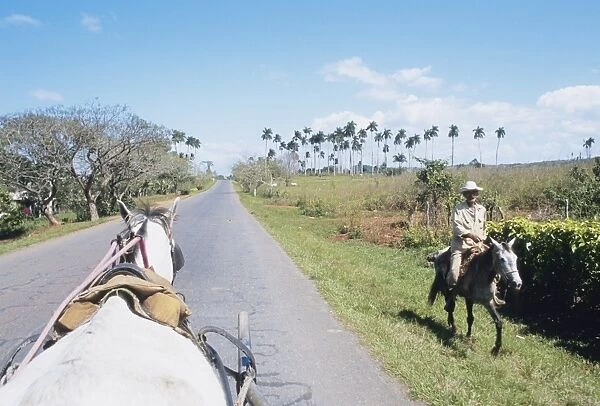 Horse carriage passes farmer on horseback, Vinales, Pinar del Rio, Cuba