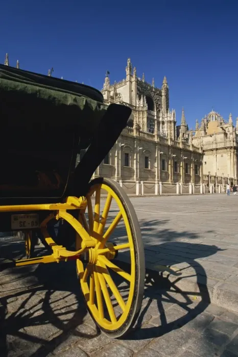 Framed Print : Horse-drawn carriage in Plaza del Triunfo in front of the cathedral Framed Print : Horse-drawn carriage in Plaza del Triunfo in front of the cathedral