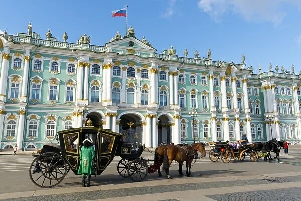 Horse drawn carriages in front of the Winter Palace (State Hermitage Museum), Palace Square
