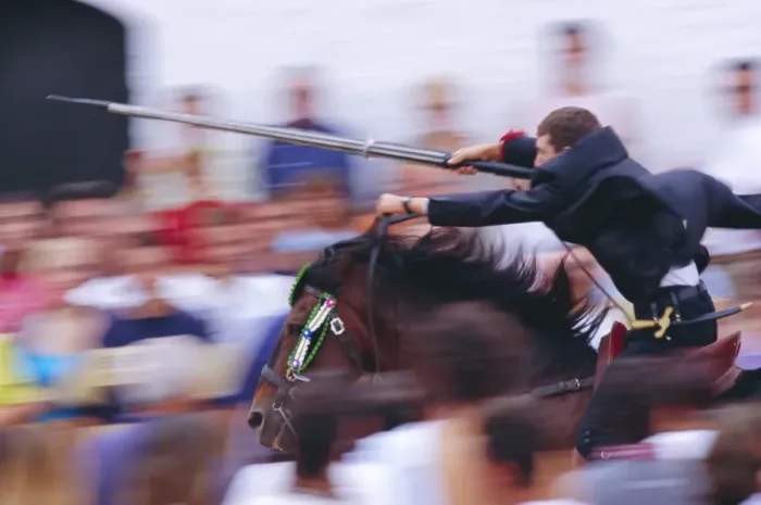 Framed Print : Horse rider jousting with target during the Sant Joans festival Framed Print : Horse rider jousting with target during the Sant Joans festival