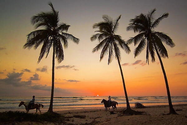 Horse riders at sunset, Playa Guiones surfing beach, Nosara, Nicoya Peninsula, Guanacaste Province, Costa Rica, Central America