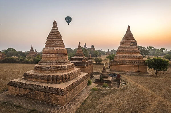 Hot air balloon over Bagan at sunrise, Bagan (Pagan), Myanmar (Burma), Asia