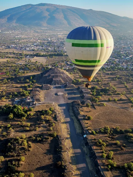 Framed Print : Hot air balloon flying over the Avenue of the Dead and the Pyramid of the Moon at sunrise, aerial view, Teotihuacan, Mexico State, Mexico Framed Print : Hot air balloon flying over the Avenue of the Dead and the Pyramid of the Moon at sunrise, aerial view, Teotihuacan, Mexico State, Mexico