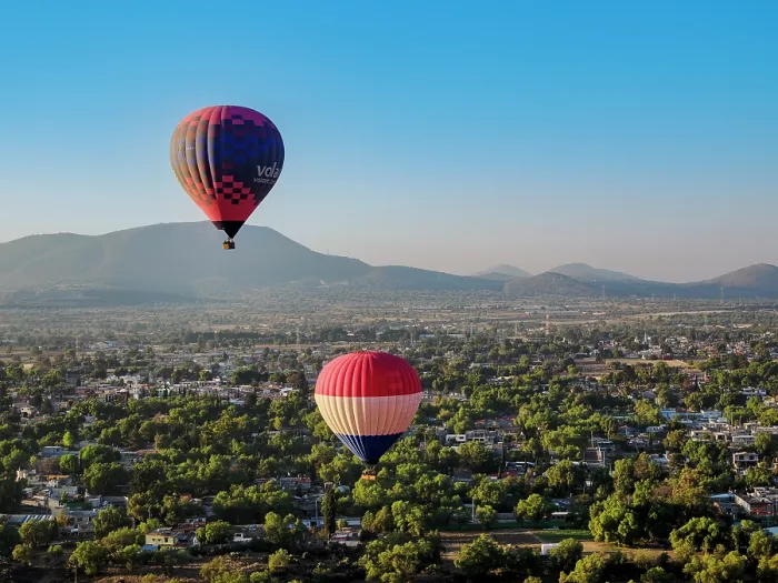Framed Print : Hot air balloons flying towards Teotihuacan over San Francisco Mazapa at sunrise, aerial view, Mexico State, Mexico Framed Print : Hot air balloons flying towards Teotihuacan over San Francisco Mazapa at sunrise, aerial view, Mexico State, Mexico