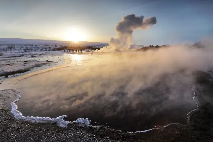 Framed Print : Hot pools and steam from Strokkur Geysir at sunrise, winter, at geothermal area beside Framed Print : Hot pools and steam from Strokkur Geysir at sunrise, winter, at geothermal area beside