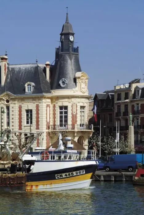 Framed Print : Hotel de Ville (town hall) and fishing boats at mouth of the River Touques Framed Print : Hotel de Ville (town hall) and fishing boats at mouth of the River Touques