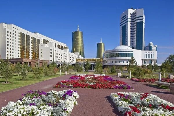 House of Ministries and twin golden conical business centres, the southern one contains the headquarters of Samruk-Kazyna, Astana, Kazakhstan, Central Asia, Asia