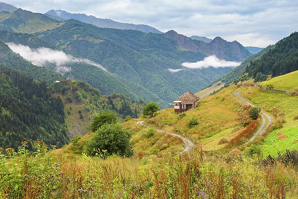 House in mountains near Ushguli, Svaneti mountains, Caucasian mountains, Georgia, Central Asia, Asia