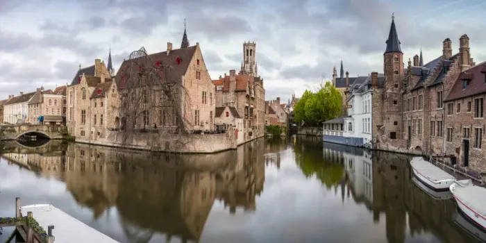 Framed Print : House reflections and boats on Dijver canal, Bruges, West Flanders province, Flemish region