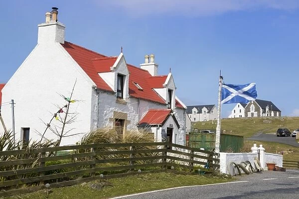 House with Saltire Flag, Isle of Eriskay, Outer Hebrides, Scotland, United Kingdom