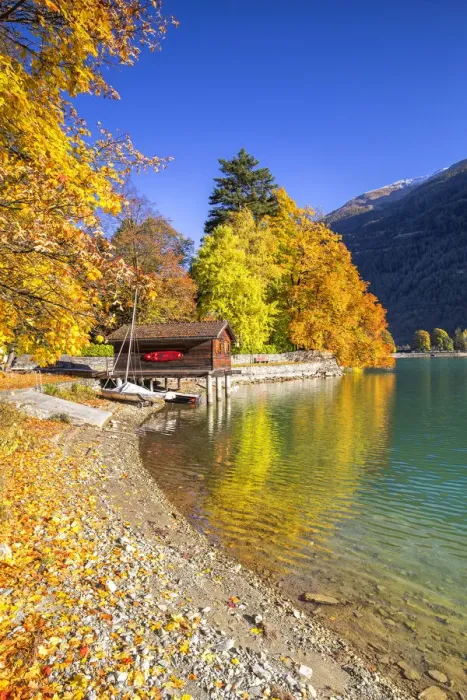 Framed Print : House on stilts on the shore of Lake Poschiavo in autumn, Valposchiavo, Canton of Graubunden, Switzerland, Europe Framed Print : House on stilts on the shore of Lake Poschiavo in autumn, Valposchiavo, Canton of Graubunden, Switzerland, Europe